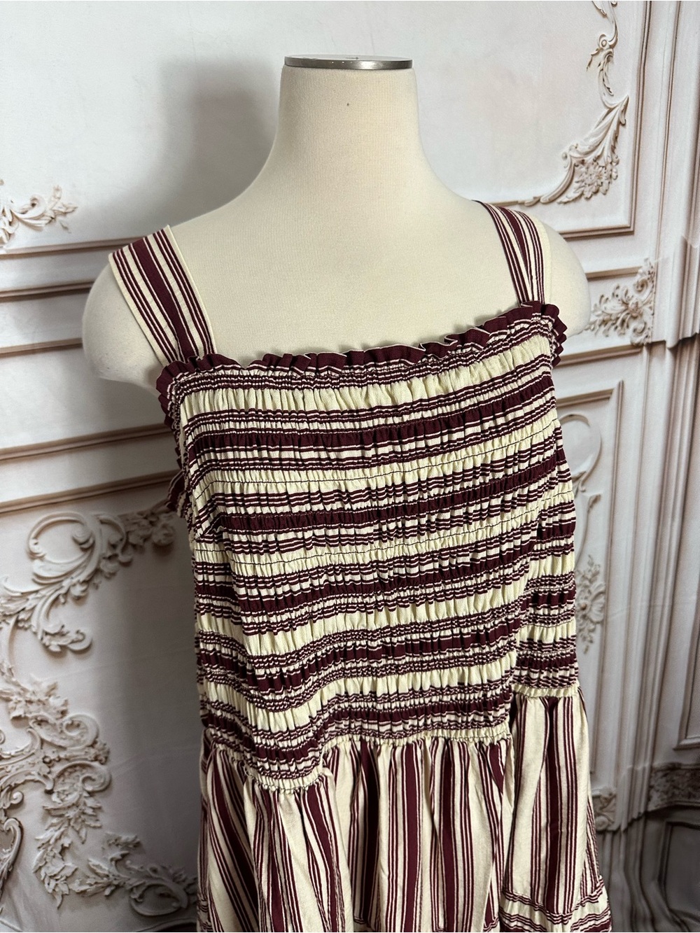 Terra & Sky Striped Smocked Maxi Dress - Cream & Burgundy - Picture 3 of 12